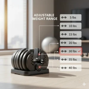 Graphic showing a range of weight increments available in one adjustable dumbbell set.