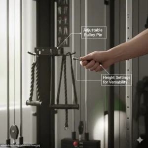 Close-up illustration of the sliding adjustable pulley height system on a cable machine for home gym.