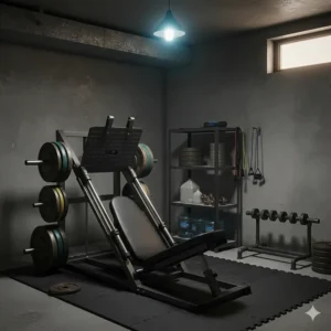 Illustration of a budget-friendly home gym setup featuring a plate-loaded linear leg press machine.