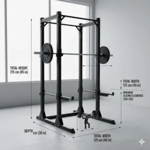 A technical diagram showing the height and width requirements for a bench press setup in a small home gym.