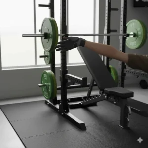 Close-up of adjustable safety spotter arms on a power rack for solo bench pressing at home.