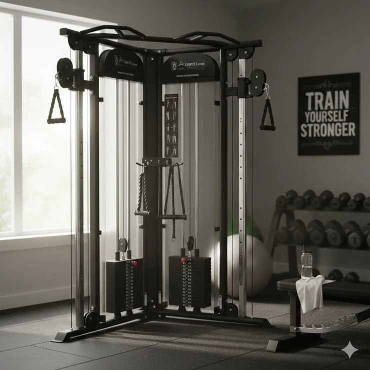 A high-quality functional trainer cable machine for home gym setup with a weight stack and pull-up bar.