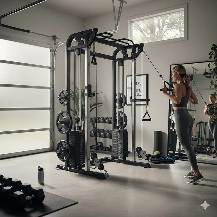 A high-end dual-stack functional trainer cable machine set up in a modern home gym environment. functional trainer for home gym