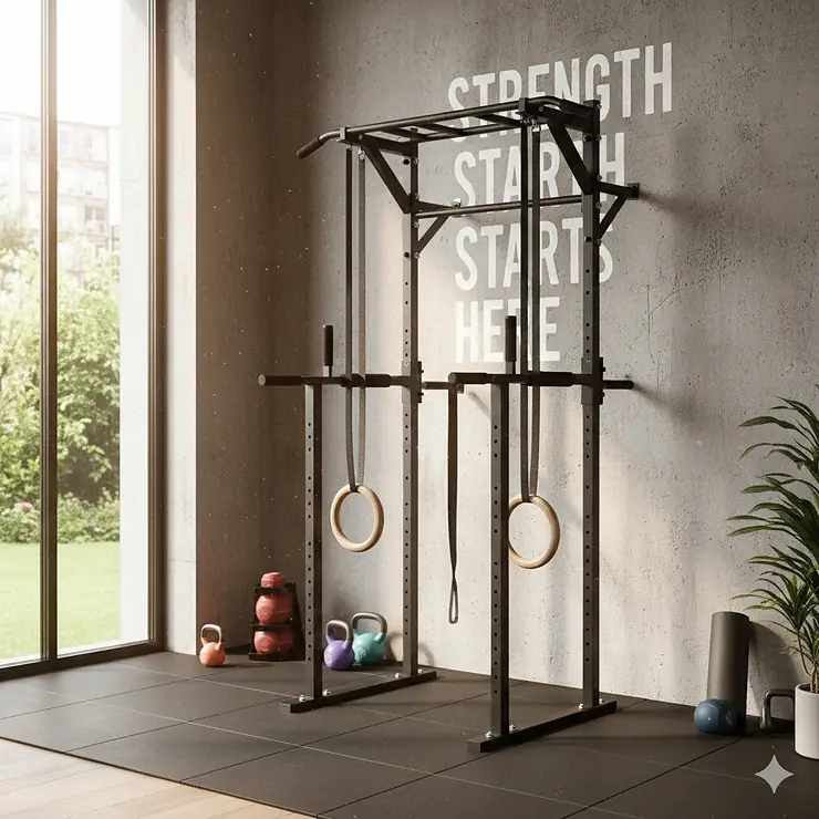 A modern home gym interior featuring professional-grade pull-up and dip bars mounted on a wall. gym bars for home
