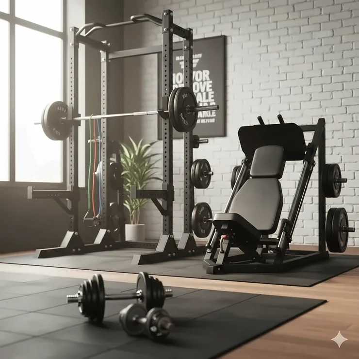 A modern home gym setup featuring a power rack, adjustable dumbbells, and a leg press machine for lower body workouts. home gym equipment for legs