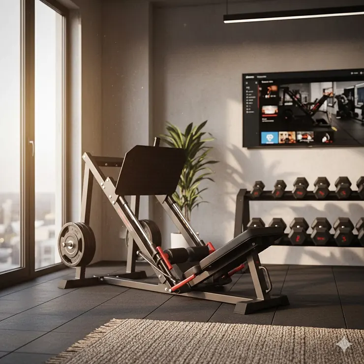 A compact vertical leg press machine installed in a modern home gym with rubber flooring and dumbbells in the background. leg press for home gym