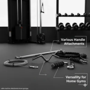 Various handle attachments including ropes and bars for a versatile cable machine for home gym use.