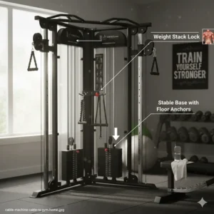Illustration highlighting the safety locks and stable base of a high-quality cable machine for home gym safety.