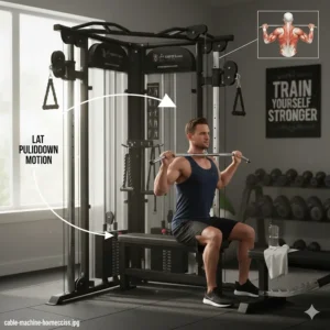 Illustration demonstrating the proper form for a lat pulldown on a dual-stack cable machine for home gym.