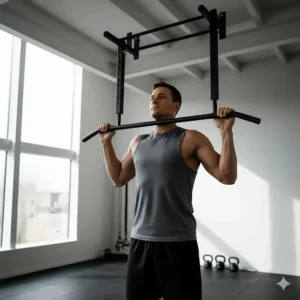 Space-saving ceiling-mounted gym bars for home fitness with multiple grip positions.