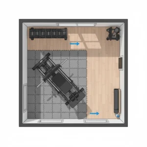 A 2D floor plan illustration showing an efficient compact home gym with leg press placement to maximize floor space.