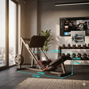 Technical illustration showing the floor space requirements and height of a space-saving leg press machine.