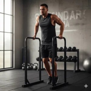 Standalone parallel dip bars used for tricep and chest workouts in a home gym.