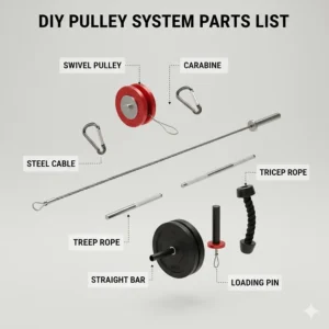 An exploded view of home gym pulley system parts including steel cable, carabiners, and pulleys.