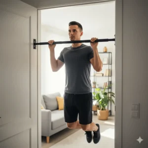 Person performing a chin-up on a removable doorway gym bar for home use.