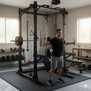 Functional trainer style dual pulley system for home gym allowing for cable fly exercises.