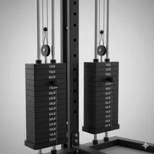 Close-up illustration of independent dual weight stacks on a home functional trainer machine.