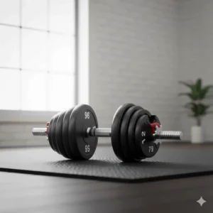 Pair of adjustable dumbbells on a floor mat, ideal for home leg workouts like goblet squats.