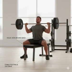 Illustration of a lifter performing a barbell press on a flat bench, highlighting a stable base and leg drive.