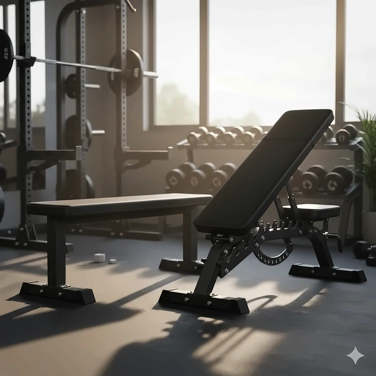 A comparison of a standard flat weight bench next to a multi-position adjustable bench in a home gym setting. flat bench vs adjustable bench