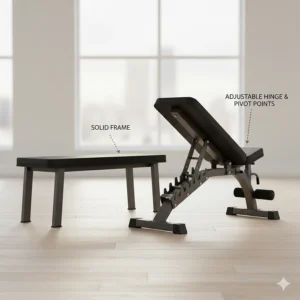 Illustration showing the structural design differences between a solid flat bench and a hinged adjustable weight bench.