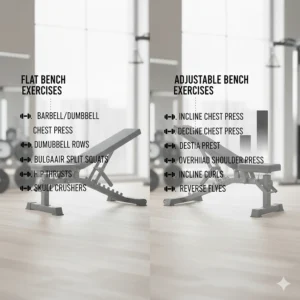 A list of common exercises for flat benches versus incline and decline movements for adjustable benches.