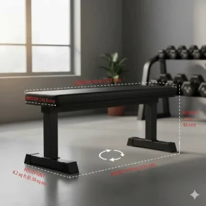 Illustration showing the standard dimensions and footprint of a heavy-duty flat weight bench for home use.
