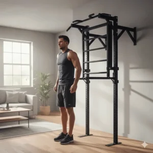 Compact and foldable gym bars for home storage in small apartments or rooms.