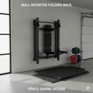 A space-saving wall-mounted folding rack used for a bench press setup in a garage gym.