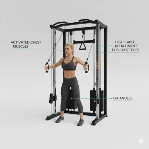 Illustration of an athlete performing a chest fly using a home gym functional trainer cable system.