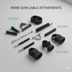 A collection of cable machine attachments including D-handles, tricep ropes, and ankle straps for home gyms.