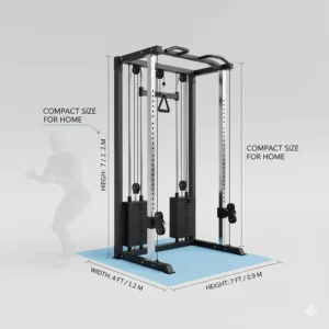 Diagram showing the space-saving footprint of a functional trainer for small home gyms.