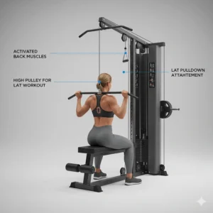 Graphic showing a lat pulldown bar attachment being used on a functional trainer in a home workout space.