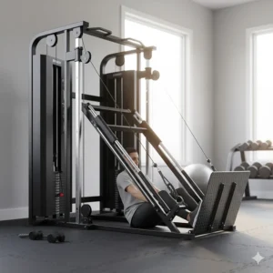 Illustration of a leg press plate attachment used on a cable-based functional trainer system in a home gym.