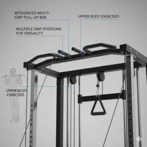 Detail view of a multi-grip pull-up bar integrated into a functional trainer frame for home gym use.