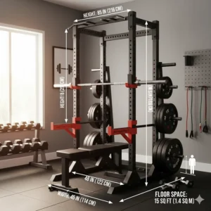 Diagram showing the compact footprint and height of a half rack for home gym spaces.