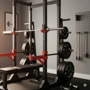 Integrated weight plate storage pegs on a half rack to keep a home gym organized.
