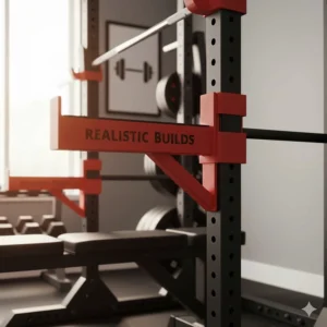Close-up of adjustable safety spotter arms on a half rack for solo home workouts.