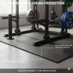 Illustration of rubber stall mats and flooring protection underneath a squat rack for home gym durability.
