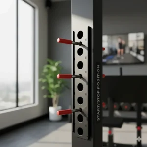 Close-up view of adjustable safety start-stop positions and locking pins on a home leg press machine.