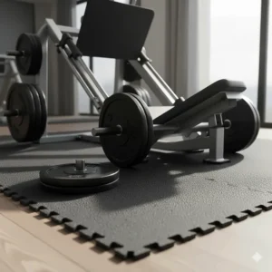 Illustration showing heavy-duty rubber floor mats installed under a heavy leg press machine to protect the home subfloor.