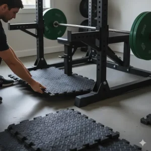 Durable interlocking rubber floor mats being placed under a bench press rack for surface protection.