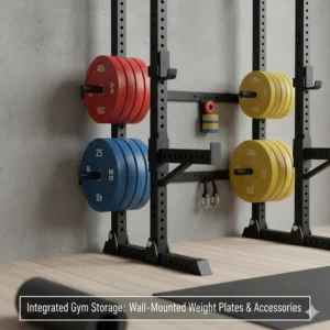 Wall-mounted storage pegs holding bumper plates next to a folding squat rack.