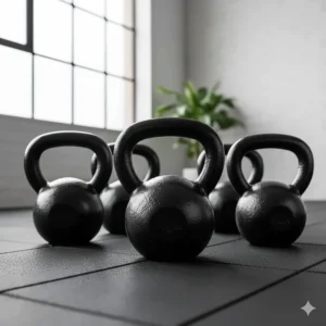 Cast iron kettlebells used for lower body movements like swings and Bulgarian split squats.