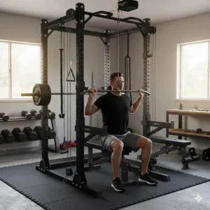 Illustration of a person performing a lat pulldown using a ceiling-mounted pulley system for home gym.