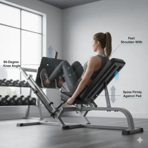 Diagram showing correct foot placement and body posture for using a leg press machine safely in a home gym.