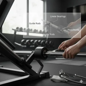 Diagram showing where to lubricate the linear bearings and guide rods of a leg press to ensure smooth movement.