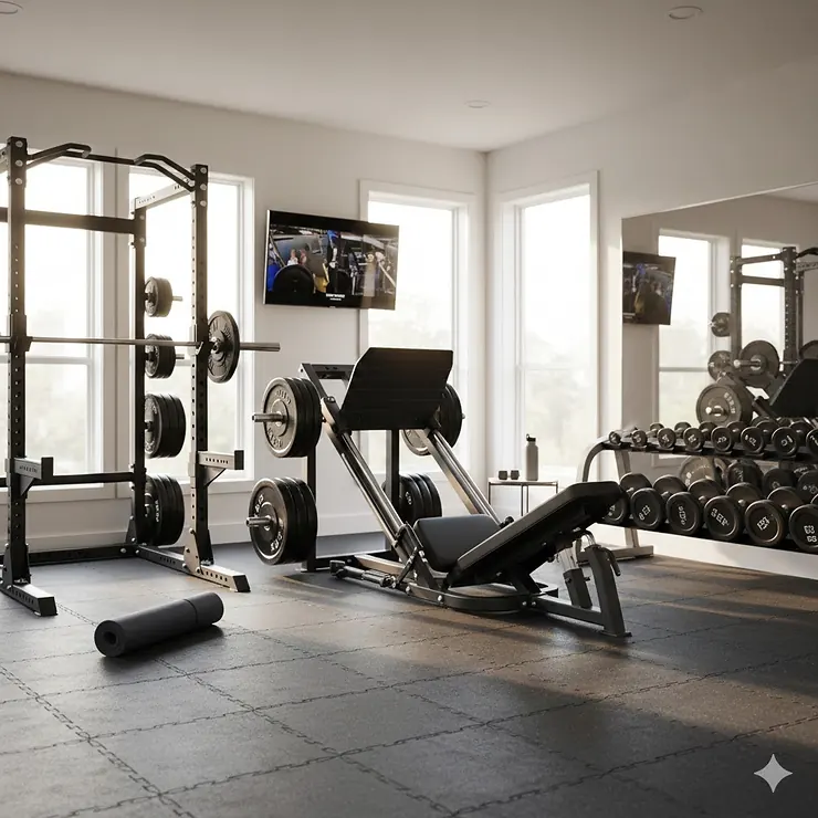 A spacious modern home gym featuring a professional-grade leg press machine alongside dumbbells and a power rack. home gym with leg press