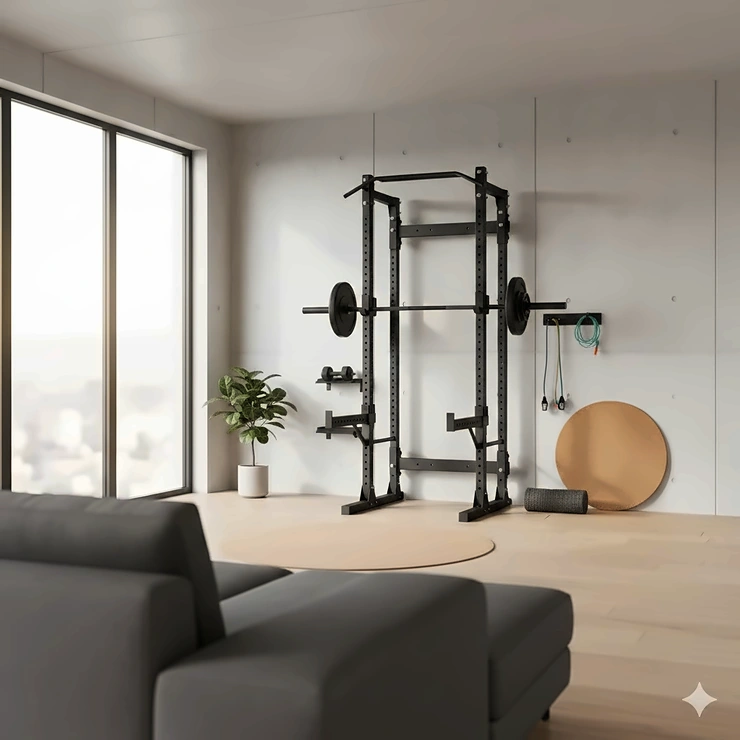 A sleek wall mounted home gym with a foldable rack and weight plates integrated into a minimalist living room.