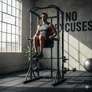 A multi-function power tower gym bar for home including pull-up and vertical knee raise stations.